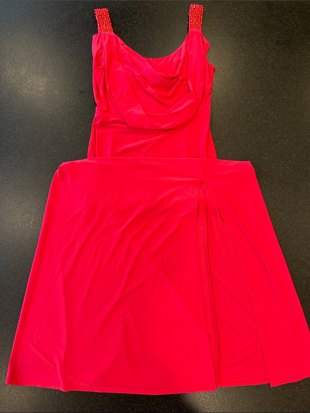 Red Sleeveless Cowl Neck Evening Dress with Beaded Straps